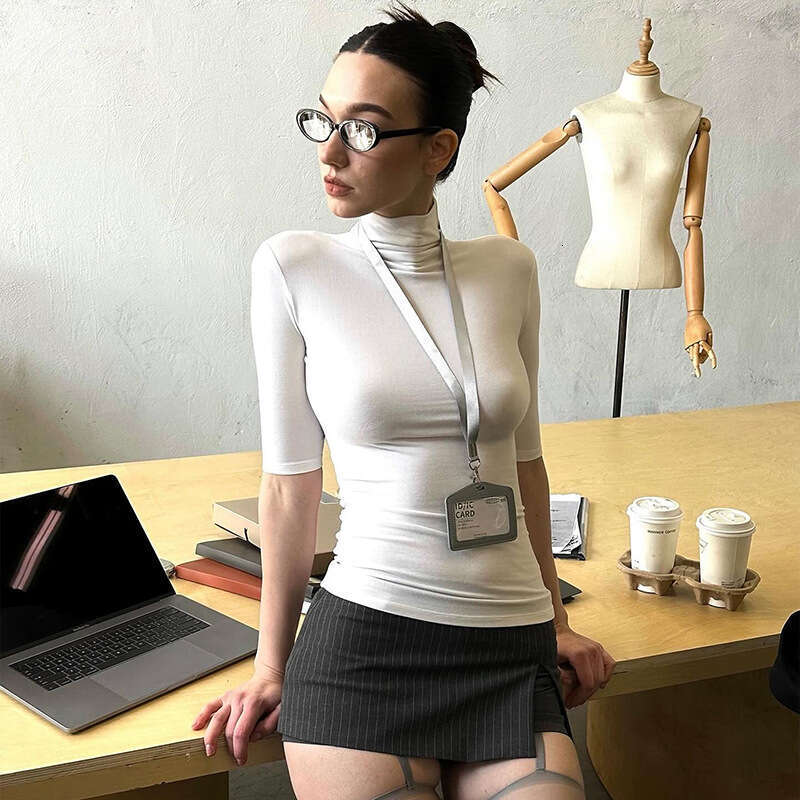 Ytp032 Spring Summer New Solid Color High Neck Half Sleeve Slim Fit Basic Women's T-Shirt Top B5