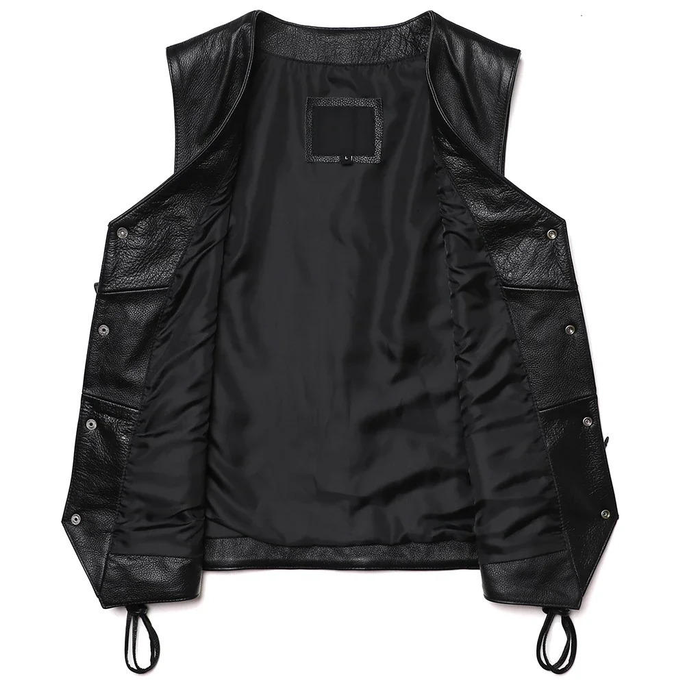 Classical Motorcycle Leather Vest Mens Natural Cowhide Genuine Slim V Neck Tassels Sleeveless Jacket 250725