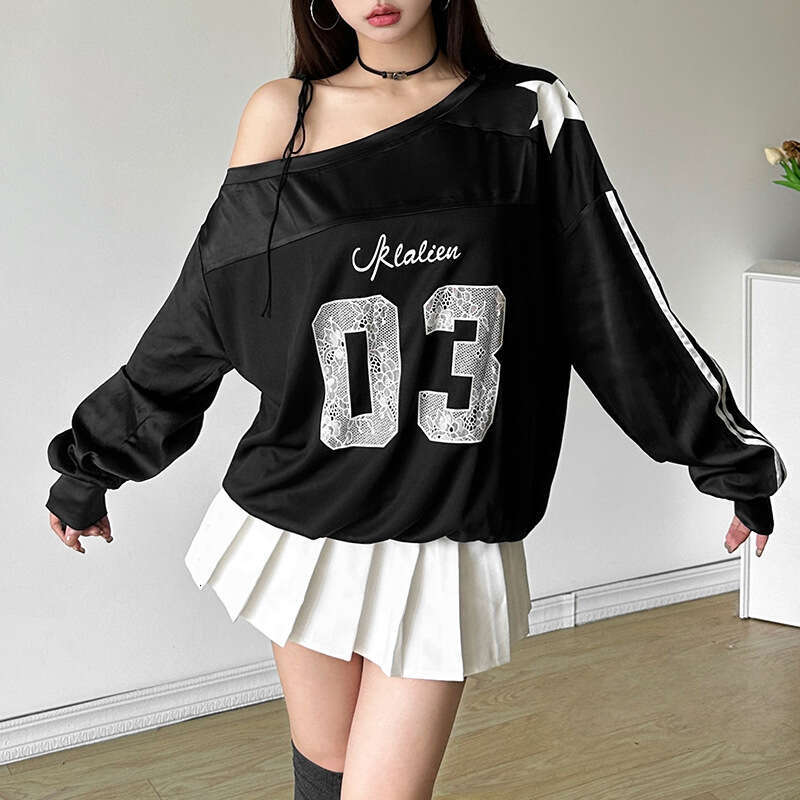 2024 Summer New Women's Solid Color Loose Street Fashion Asymmetrical Neck Long Sleeve Printed Top 133