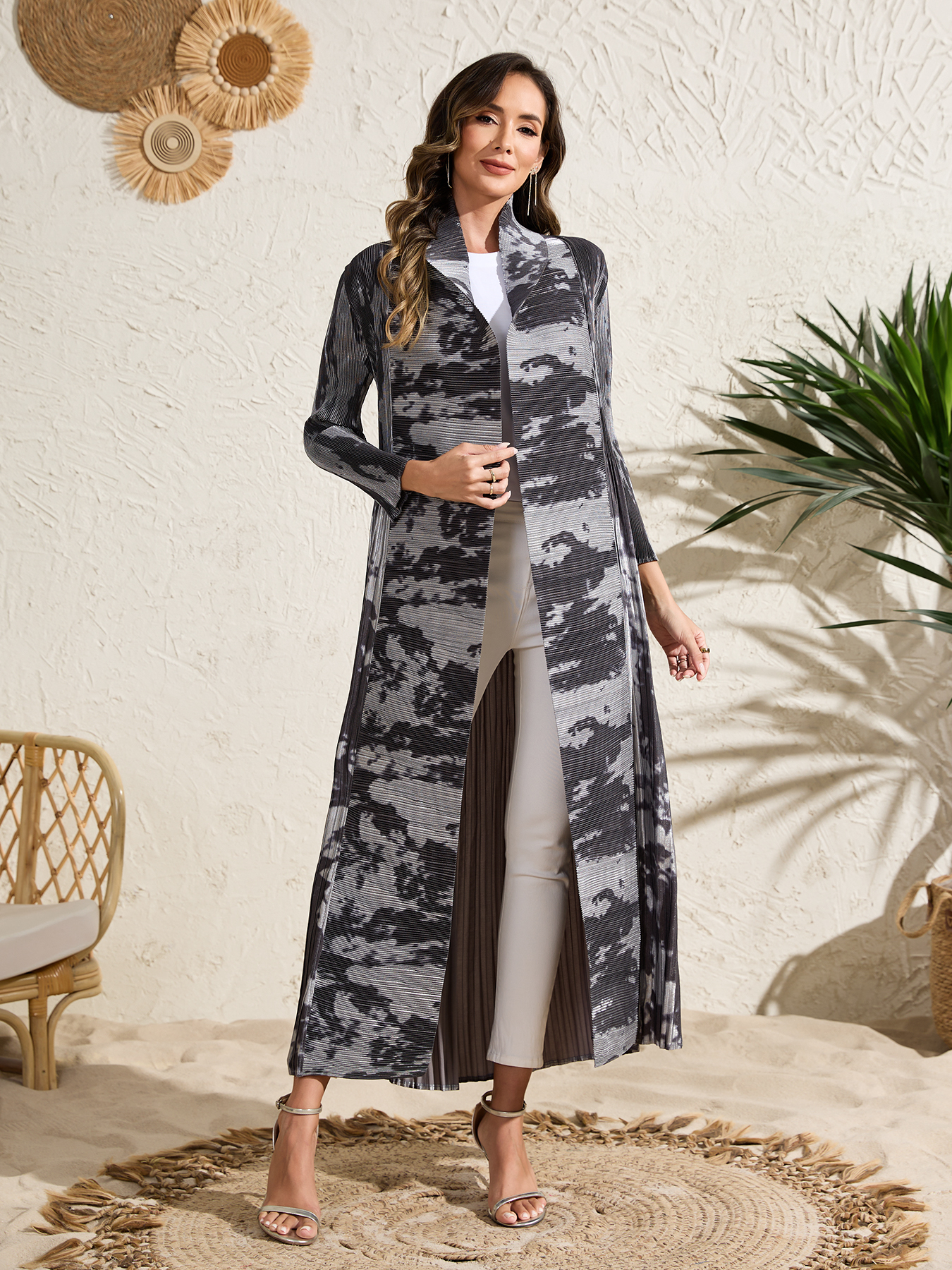 Long robe coat Ethnic Clothing The Middle Eastern printed pleated robe coat is elegant in Arab style NZ020