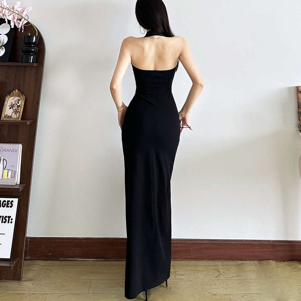 2025 Summer New Hot Girl Pure Desire High Slit Halter Neck Elegant Slim Fit Dress Women's Fashion 1a1