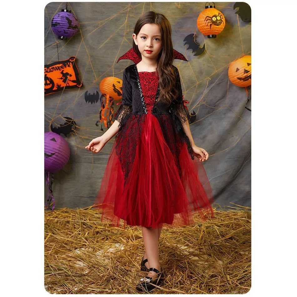 Vampire Costume for Girls Halloween Princess Par Dress Kids Cosplay Dresses Children Stand Collar Tulle Lace Black Red Clothes Z250725