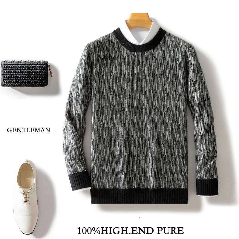 100% Merino Wool Thickened Knitted Sweater Men's O-Neck Pullover Cashmere Sweatshirt Color Collision Tops Autumn Winter