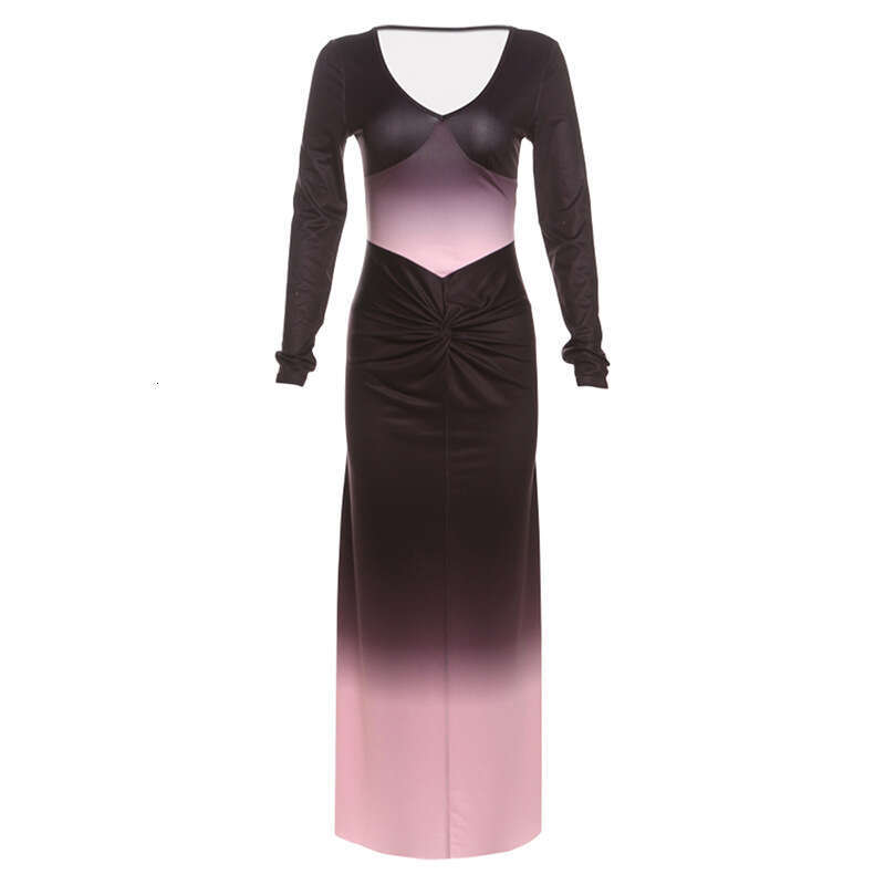 2024 Autumn New Women's Solid Color Slim Fit High Waist Fashion V-neck Gradient Long Sleeve Dress 0bd
