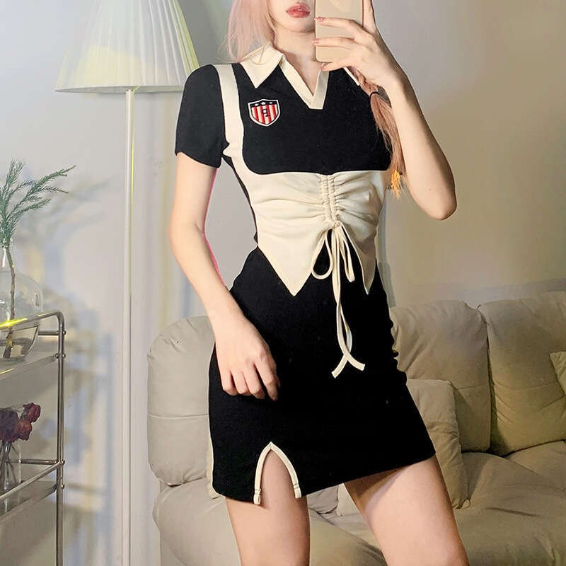 2023 Spring Summer New Women's Solid Color Slim Fit Fashion Turn-Down Collar Color-Block Short Sleeve Dress 11b