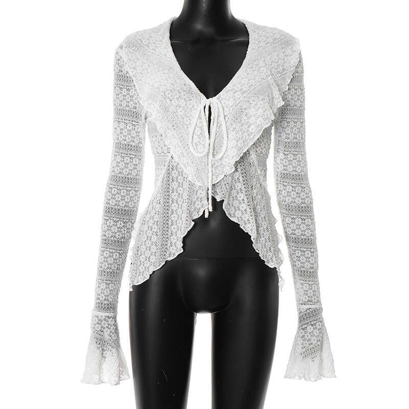 Y25tp289 Women's Summer Autumn New Solid Color Lace Trim Long Sleeve Blouse Top B5