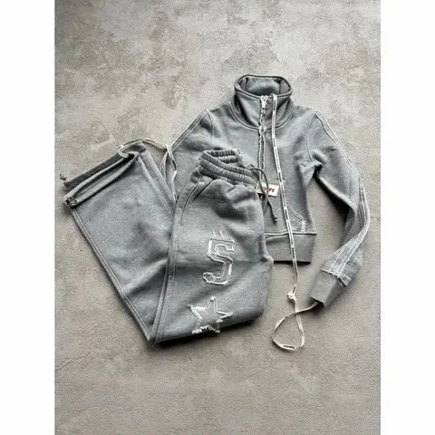 2K Fashion Light Gray Zipper Sportswear Outfits Women Goth Letter Graphic Patch Jacket Sweatshirt Harajuku Straight Sweatpants 250723