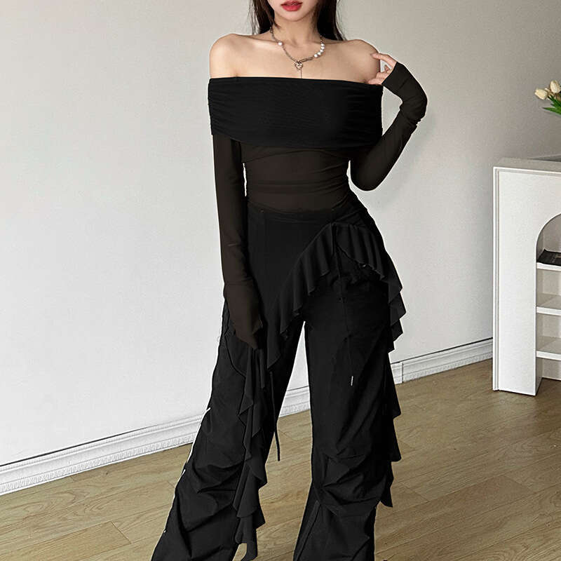 2024 Autumn New Women's Fashion Solid Color Slim Street Style Off-Shoulder Long Sleeve Sheer Top b87