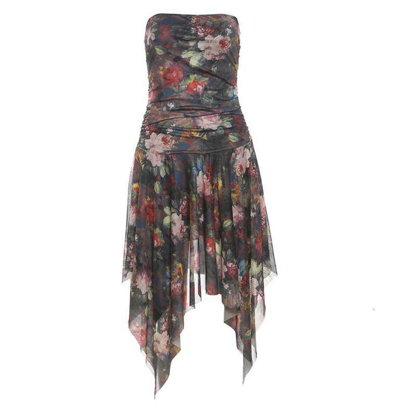 2025 Summer INS Style New Pure Desire High Waist Slim Fit Sleeveless Printed Tube Top Dress d6b
