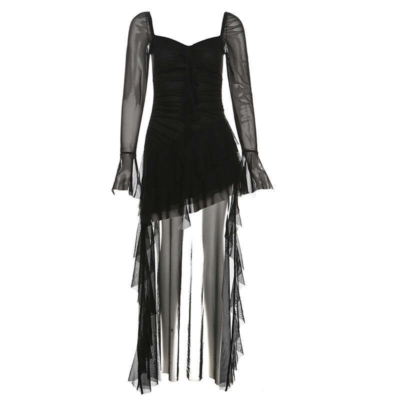 2024 Autumn New Women's Solid Color Slim High Waist Fashion Square Neck Long Sleeve Sheer Dress 06d