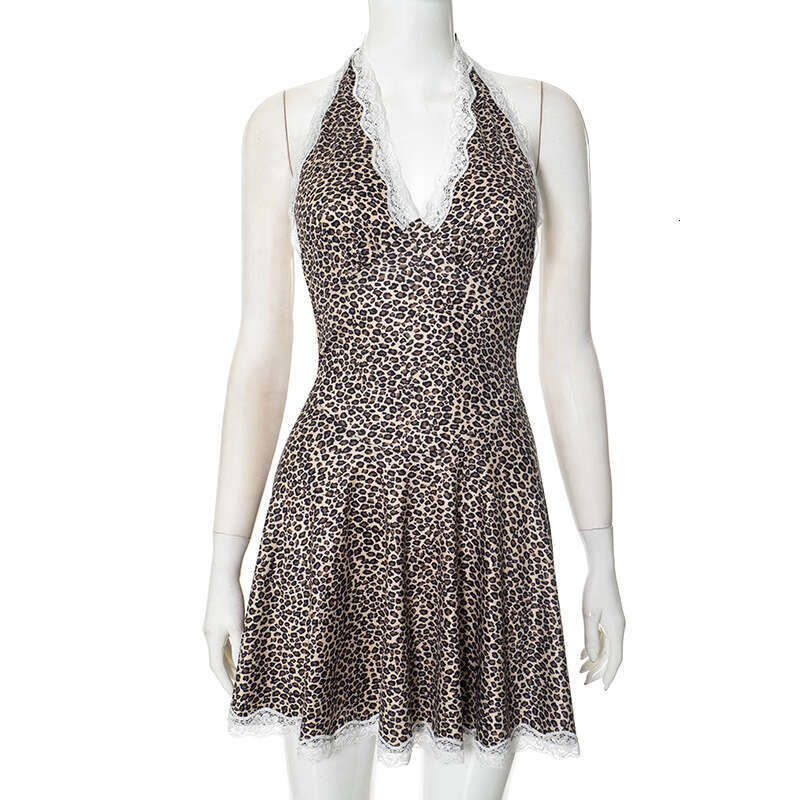 Q25ds010 Women's Spring Summer New V-Neck Lace Halter Backless Slim Waist Sexy Dress B5