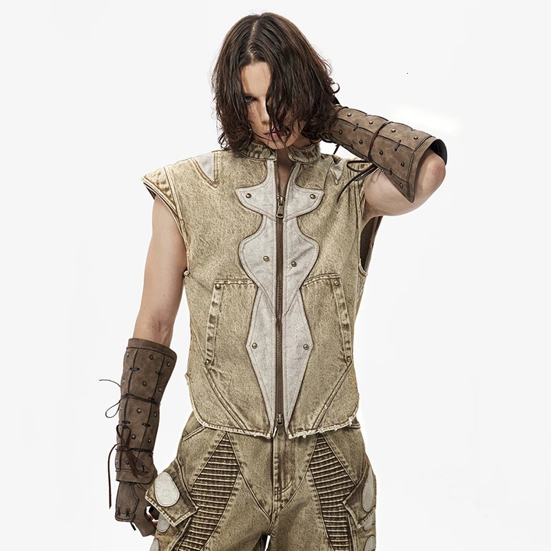 FEWQ PU Leather Splicing Sleevless Male Denim Vest Contrast Color Stand Collar Washing Summer Loose Mens Coats Niche 24K4262 250725