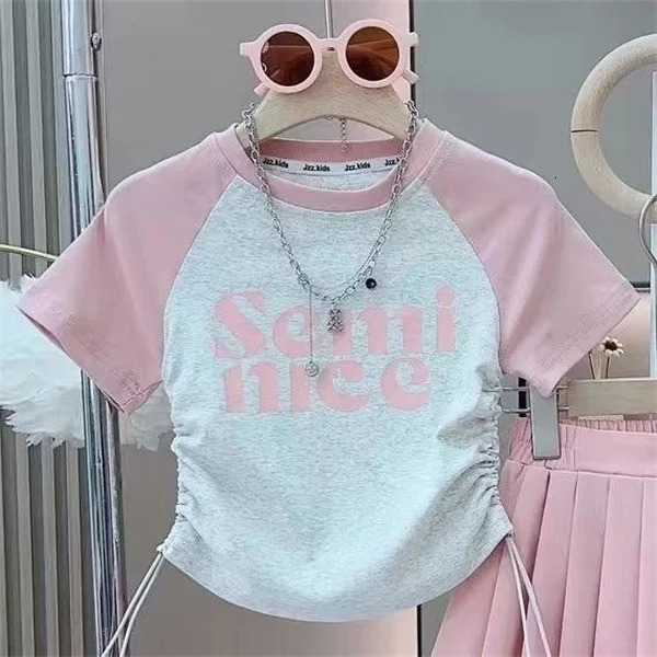 Short Sleeves Top Pleated Skirt 2Piece Suits Children Girls Letter Print Clothes Kids Casual Sets Teens Summer TShirt Outfits 250725
