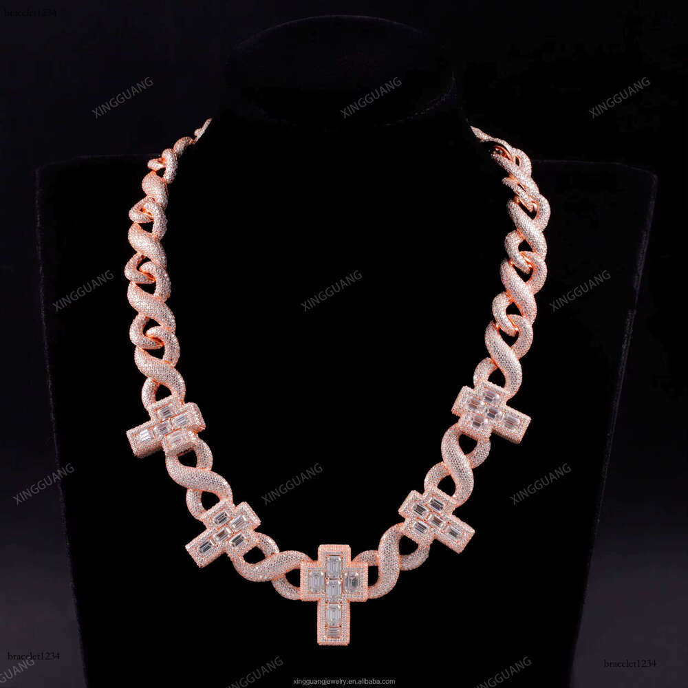 Rapper Style Ice Out 13mm Infinite Cuban VVS Baguette Moissanite Cross Hiphop Necklace S Rose Gold Plated Dia Chain