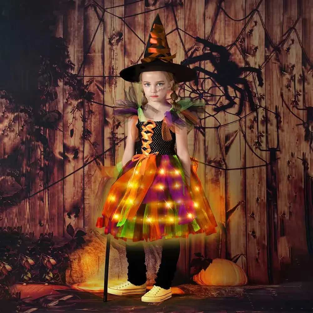2024 Halloween Child Witch Cosplay Costume Vampire LED Light Luminous Tulle Tutu Dress Ghost Dress Up Carnival Par Witch Cape Z250725