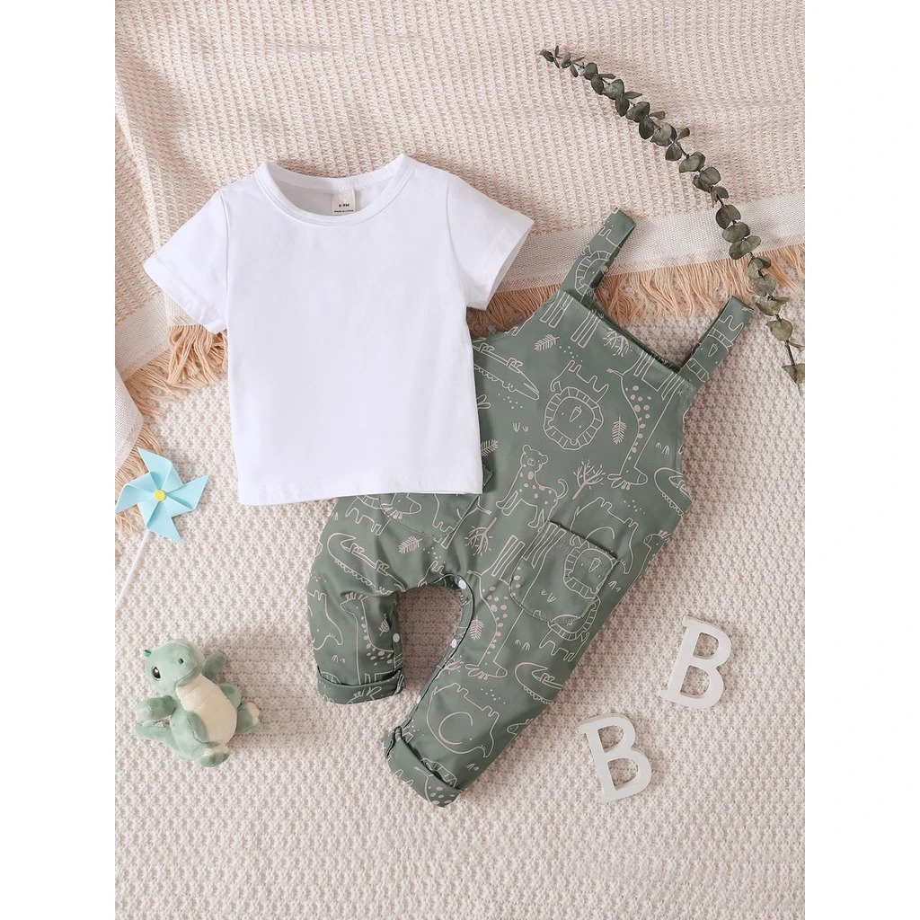 03 Years Baby Boy and Girl Cute Strap Pants Clothing Set Short Sleeve Top Multi Cartoon Pattern for Summer Wear 250725