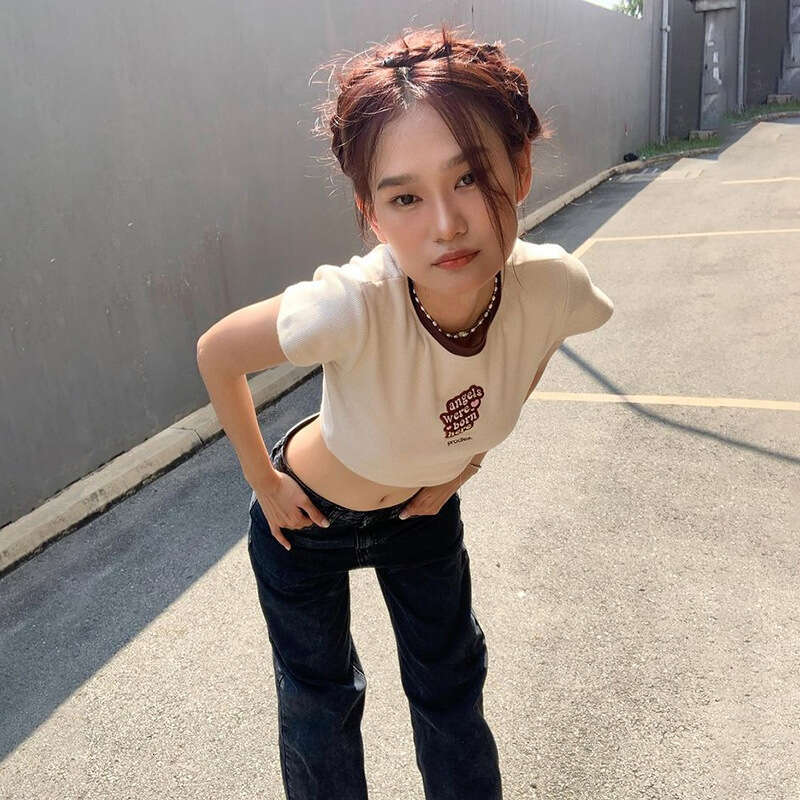 2022 Spring New Women's Solid Color Slim Fit Crop Top Fashion Letter Round Neck Short Sleeve T-Shirt 2f9