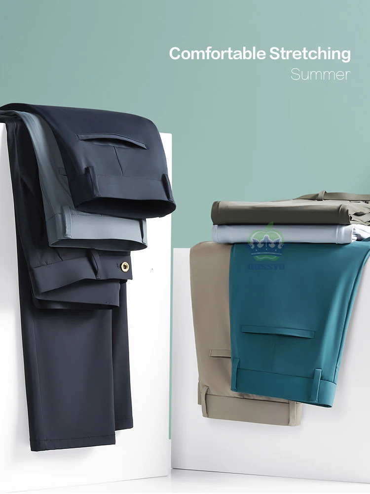 High Stretch Fabric Summer Thin Ice Silk Business Pants Men Elastic Waist Classic Work Office Formal Suit Trousers Plus Size 40 250725