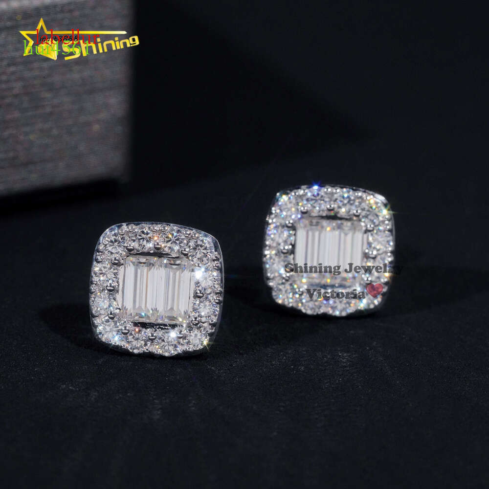 Halo Design Bageutte Stud 10K Soild Gold Mens Hip Hop VVS Moissanite Dia Earrings