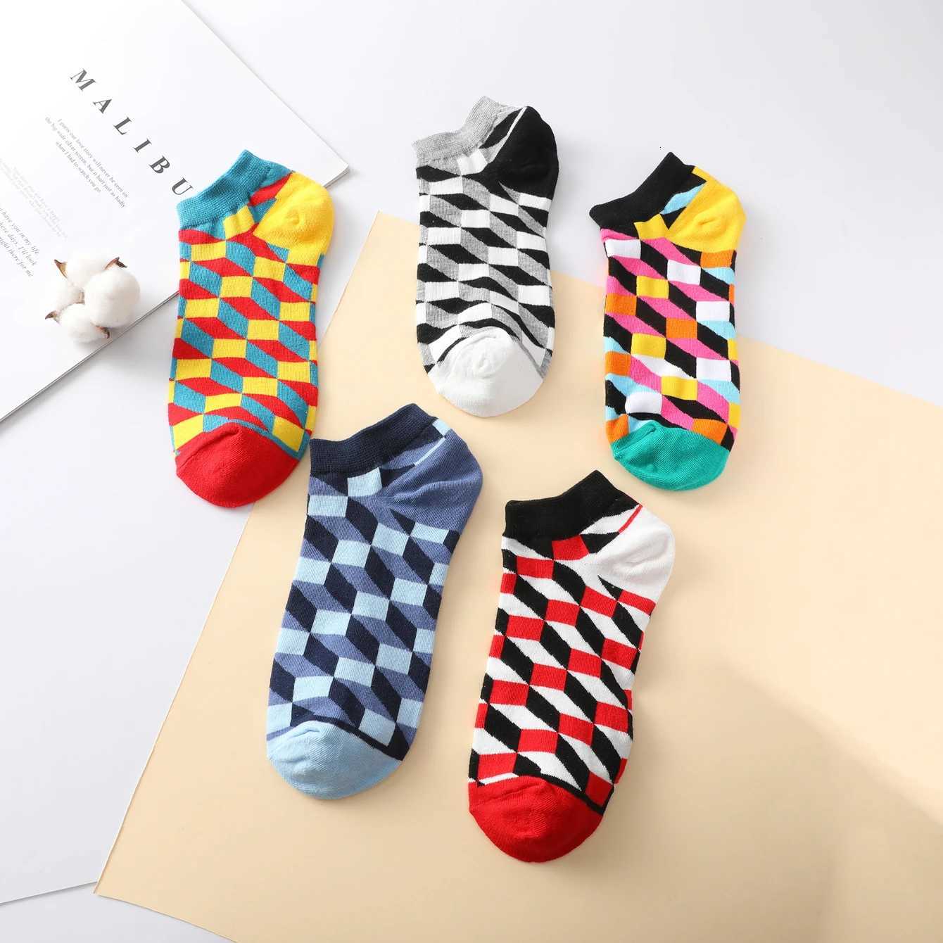 5 Pairs/Pack Men Spring Summer Thin Breathable Cotton Ankle Socks Geometry Pattern Fashion Casual Short Socks X250725