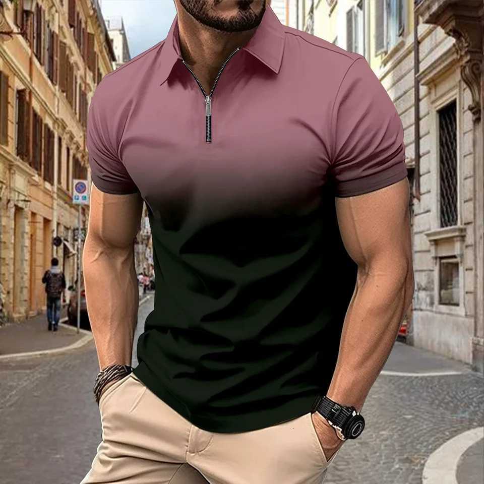 Men Clothes Summer Slim Fit Short Sleeve Fashion Gradient Color Lapel Polo Shirt Men Fashion Golf Zipper Tops Comfortable Polo XJ250725