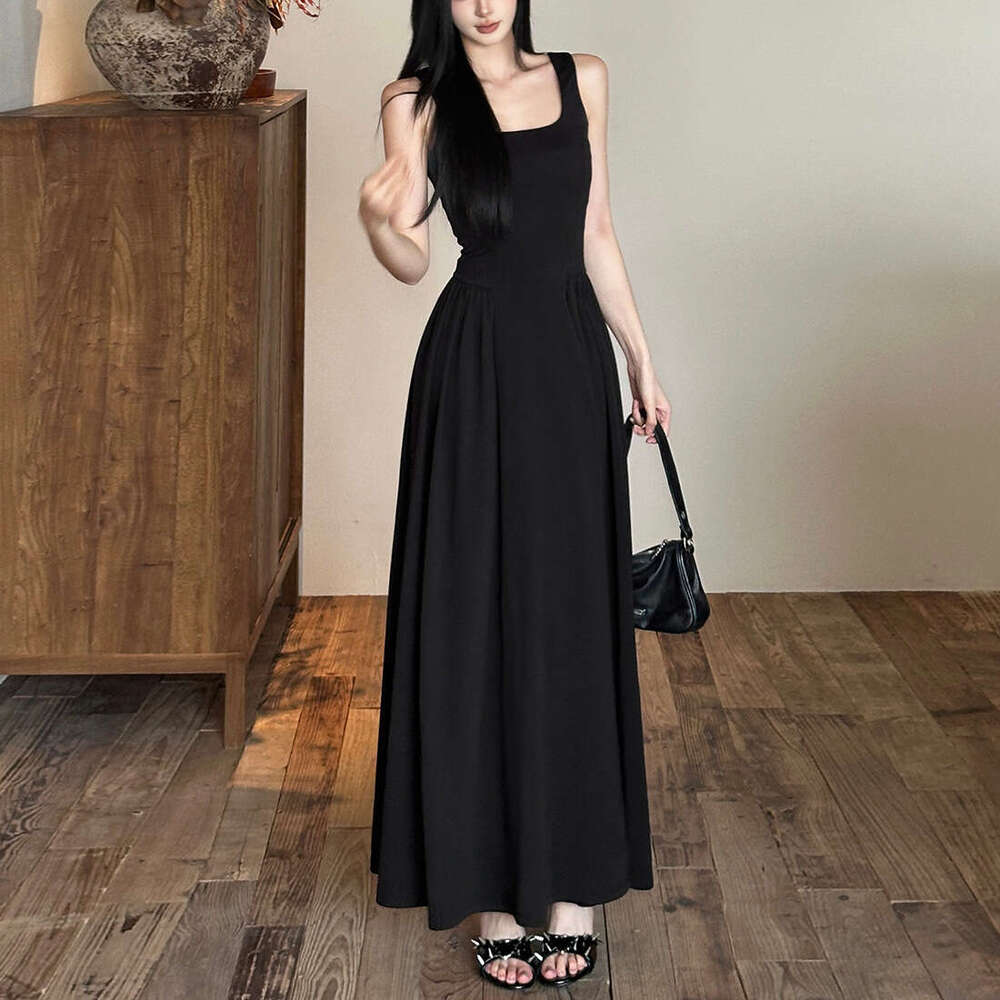 2025 Summer New French Style Elegant Square Neck Waist-Cinching Slim Fit Fashion Casual Sleeveless Long Dress 074