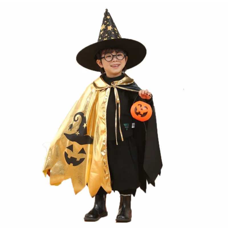 Kids Halloween Unisex Witch Cosplay Cloak + Witch Hat 2 Piece Costume Carnival Par Fancy Gold Black Color Blocking Dress Cape Z250725