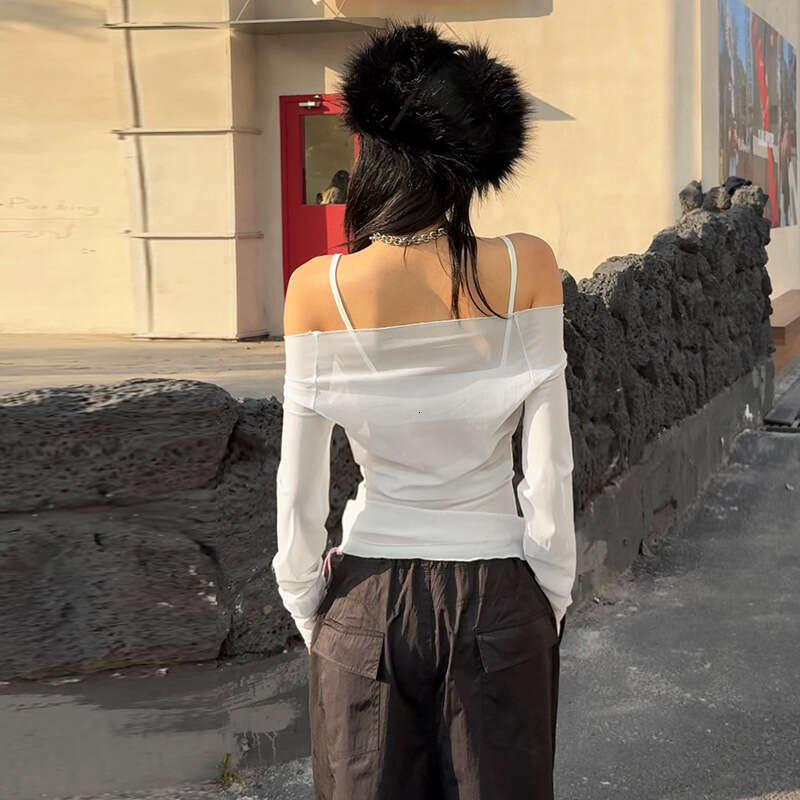 2025 Spring New Women's Solid Color Slim Street Fashion Off-Shoulder Long Sleeve Printed Top 4fa