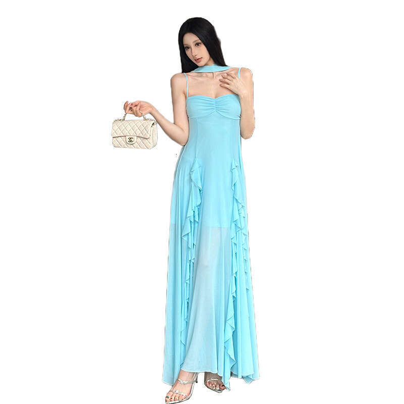 2025 Summer New Reverse Halter Pure Desire Beach Vacation Style Irregular Mesh Strap Dress 3da