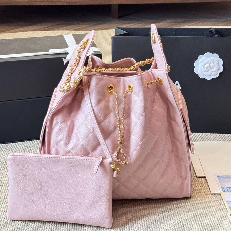 25S Ladies Vintage Jumbo Shoulder Caviar Leather Hobo Drawstring Design Golden Metal Buckle Matelasse Chain Large Capacity Shopping Bag Classic Tote with Purse