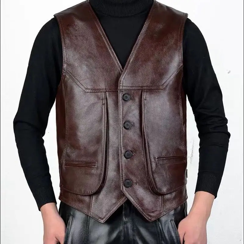 Arrival Cowhide Genuine Leather Vest Motorcycle Mens Slim Fit Real Brown Cow Waistcoat Bikers Size L8XL jacket 250725