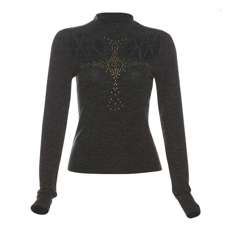 2024 Autumn New Women's Solid Color Slim Street Fashion Round Neck Long Sleeve Hollow Out Top edf