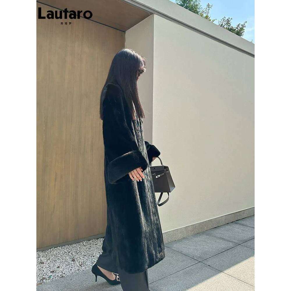 Lautaro Autumn Winter Long Elegant Chic Soft Thick Warm Brown Hairy Faux Mink Fur Coat Women V Neck Fluffy Overcoat 2024