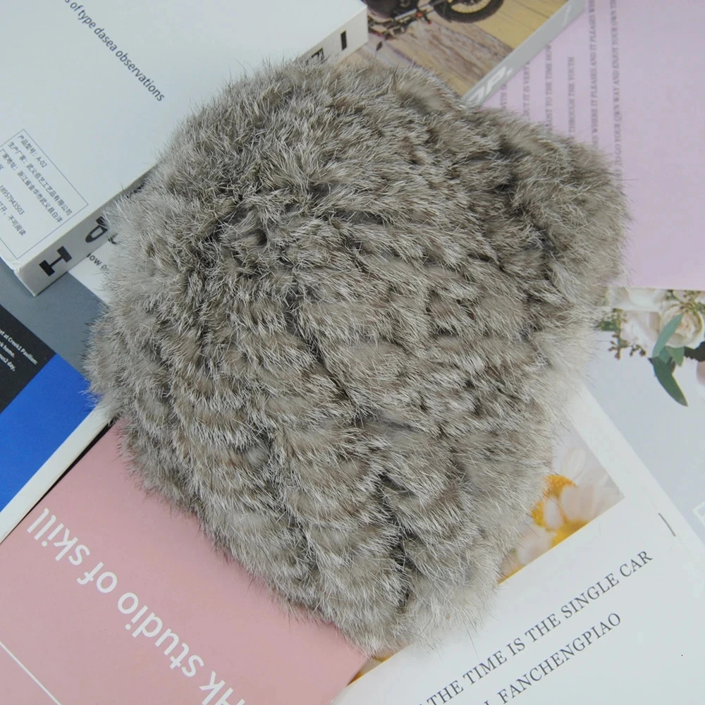 Russian Women Good Elastic Rabbit Fur Skull Cap Lady Winter Warm Knitted Genuine Rabbit Fur Hats Outdoor Fluffy Fur Caps 250724