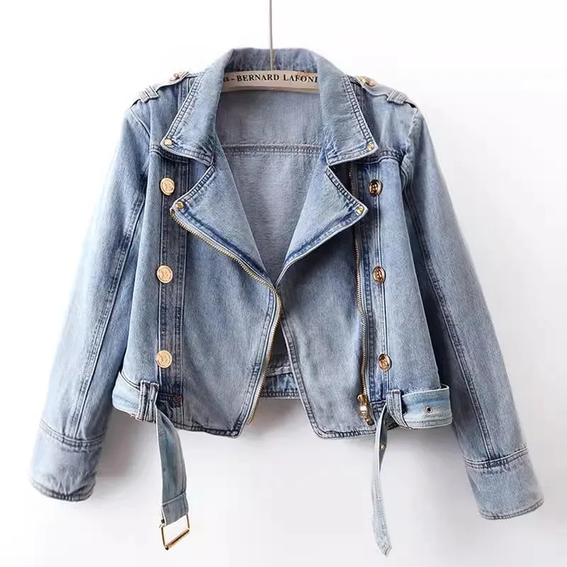 Spring Autumn High Waist Zipper Long Sleeve Denim Coat Womens Casual Short Loose Jean Top Motorcycle Jackets Female 250725