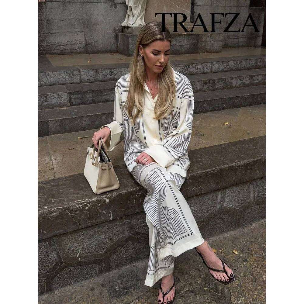 Designer Leisure High Quality TRAFZA 2025 Women Trouser Suit Turn-down Collar Sleeve Single-breasted Slim Print Shirt+High Waist Zipper Loose Long Pan