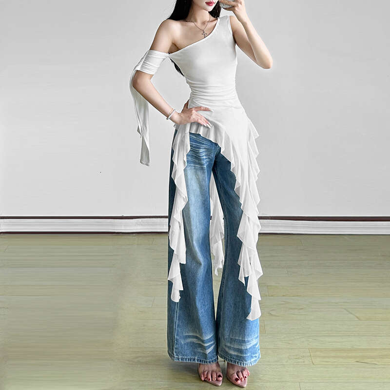 2025 Spring New Women's Fashion Solid Color Slim Street Style One-Shoulder Asymmetrical Neck Sleeveless Top 9a2