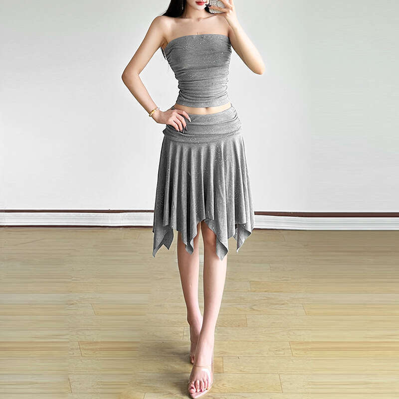2025 Summer INS Style Sexy Sequin Shiny Crop Top Irregular Slim Bodycon Skirt for Women 972