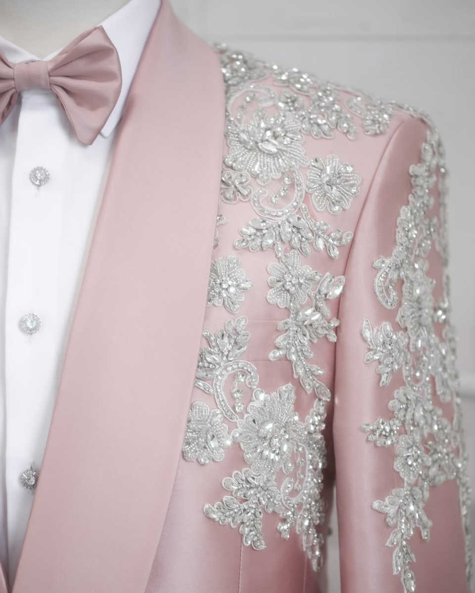Noble Pink Men's Suits 2 Piece Set Jacket Pants Crystal Beaded Wedding Groom Tuxedo Party Evening Suits Customized