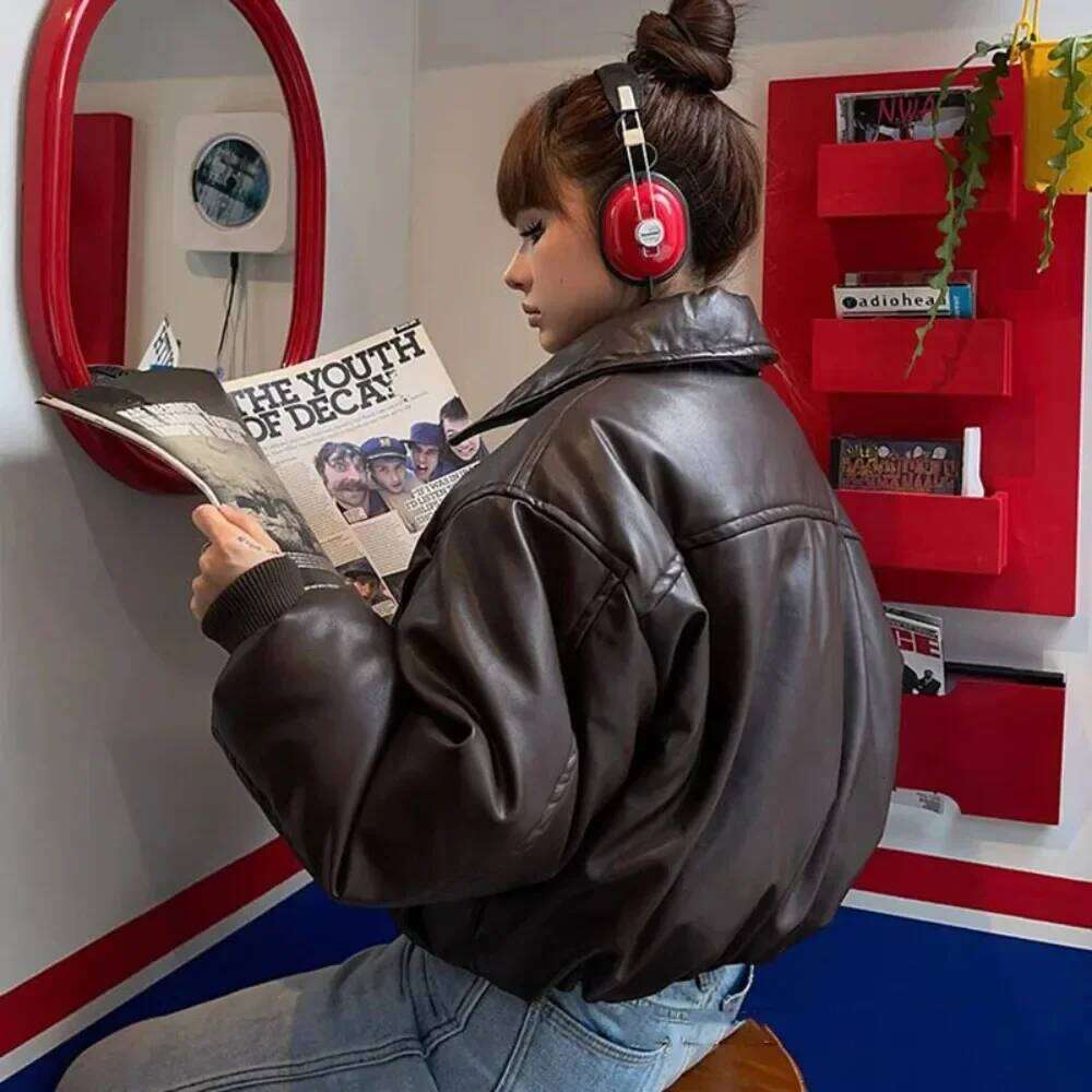 2024 Fall Winter Faux Leather Jacket For Women Oversized Streetwear Cotton Padded Parkas Short Bomber Coat Warm