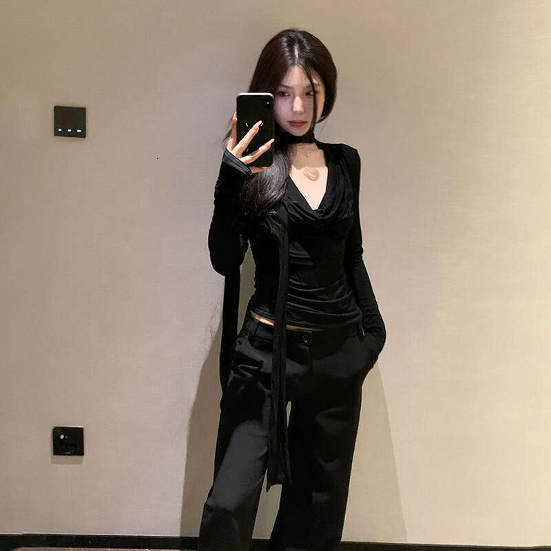 2023 Autumn New Women's Solid Color Slim Fit Street Fashion V-Neck Long Sleeve Top ab7