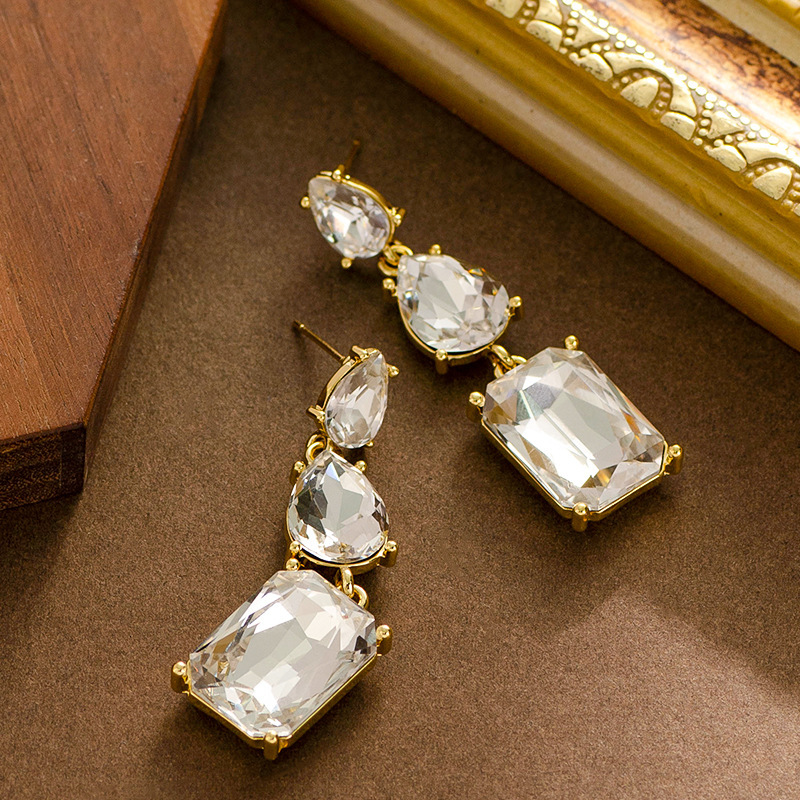 Fashion Geometric Square Crystal Tassel Light High-end Feel Slimming for Round Face Sier Needle Earrings