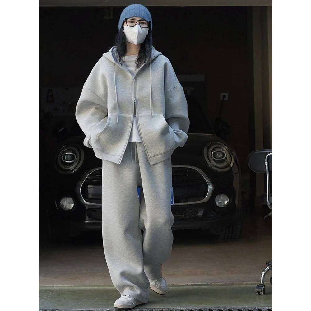 Spring Autumn Fashion Two-Piece Set Women Grey Tracksuit Hooded Sweatshirt Coat+Drawstring Wide Leg Sweatpants Sport Suits