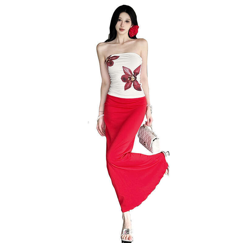 2025 Summer New Pure Desire Elegant Slim Fit Printed Top Solid Color High Waist Skirt Set for Women f38