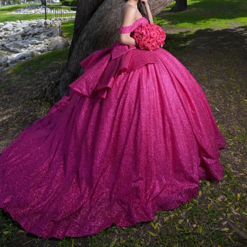 Rose Red Quinceanera Dresses Off Shoulder Ball Gown Sweet 16 Dress Bow Beading Crystal Tull Birthday Party Vestidos 15 De Anos