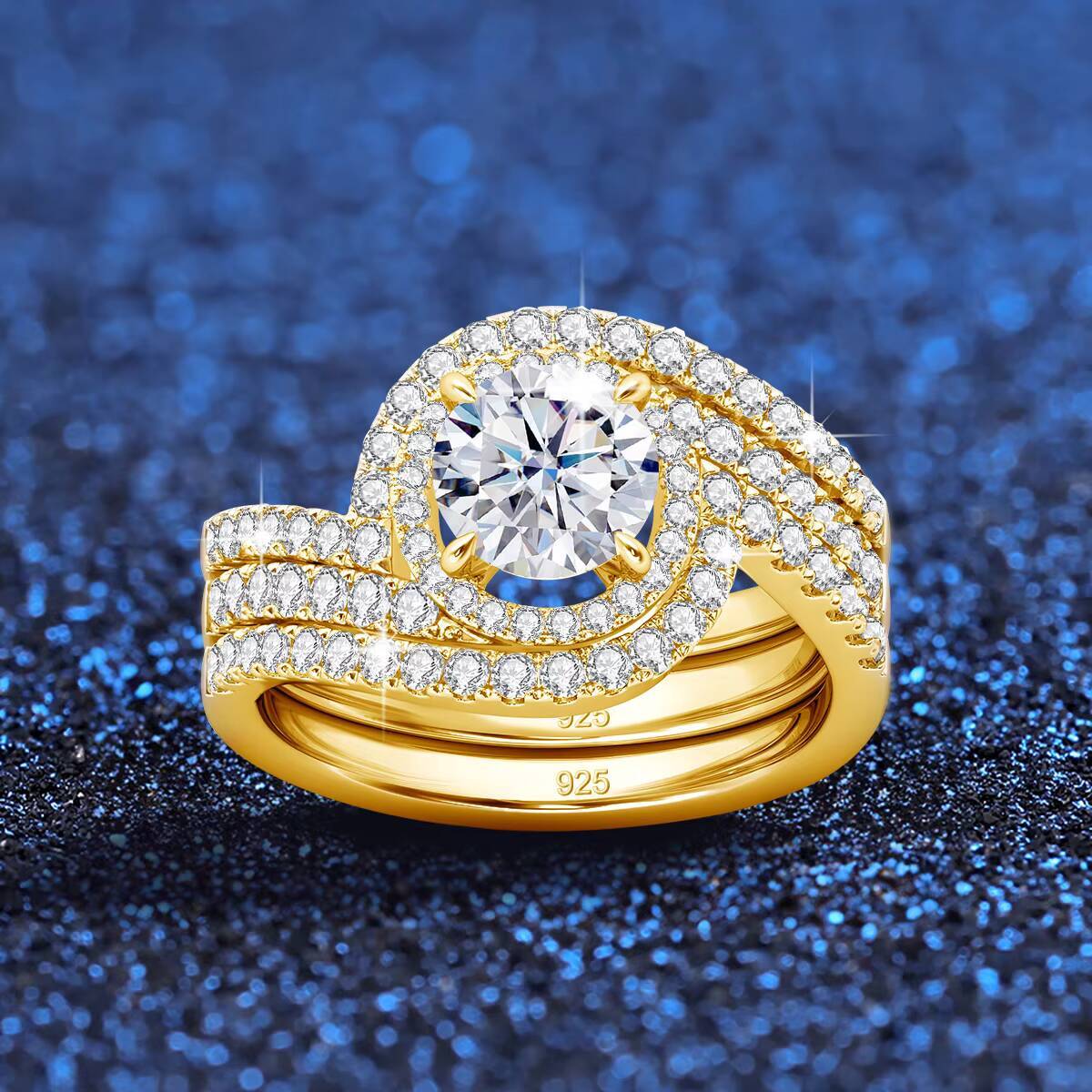 Luxury Rings 3pcs Set Wedding Engagement 925 Sterling Silver 18K Gold Woman Moissanite Diamonds Finger Ring