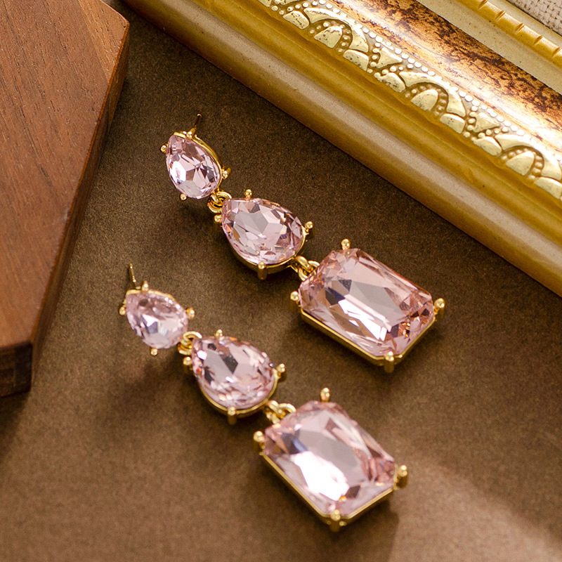 Fashion Geometric Square Crystal Tassel Light High-end Feel Slimming for Round Face Sier Needle Earrings