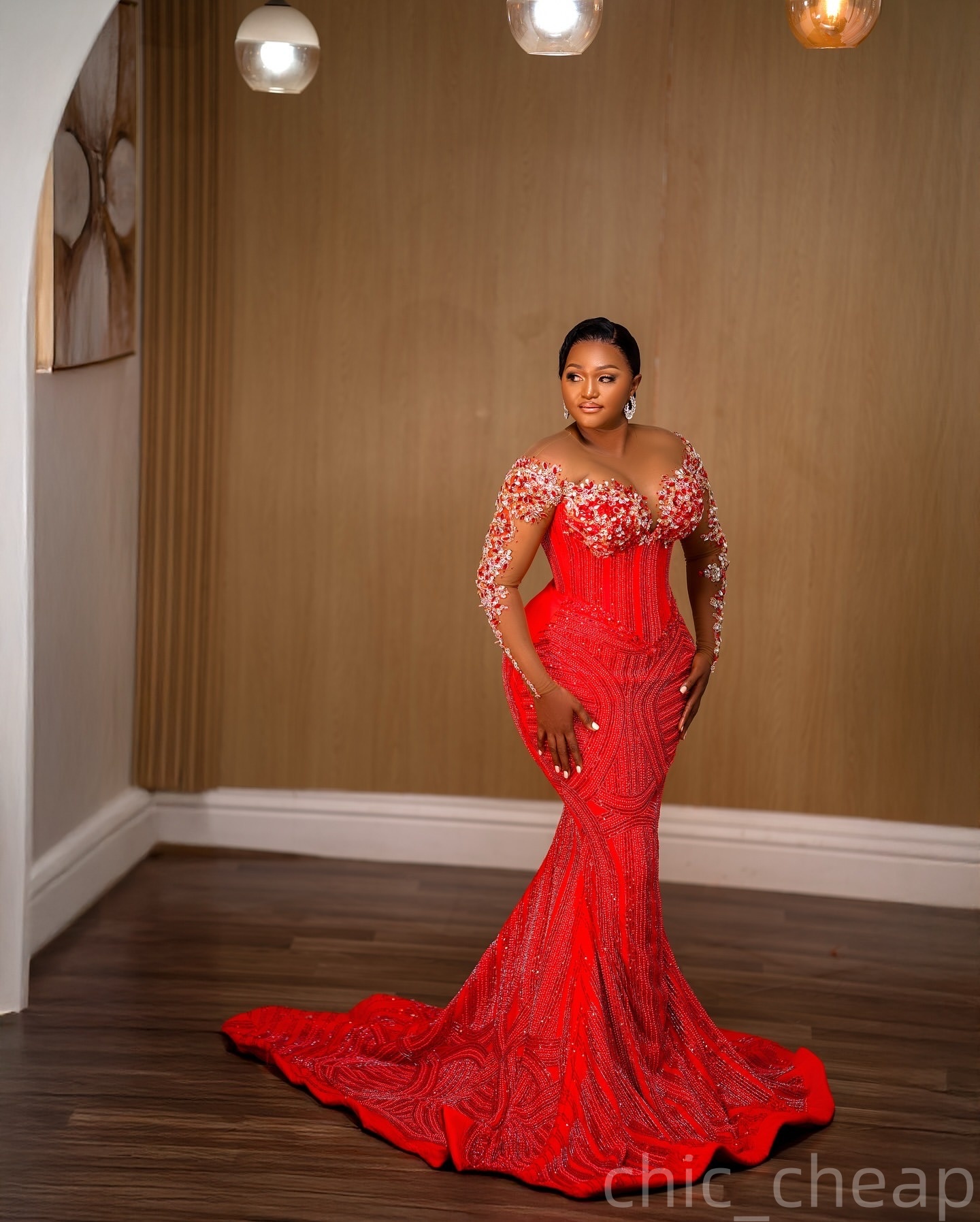 Mermaid Red Prom Dresses 2025 Lace Crystals Sequined Full Sleeves Evening Formal Party Second Birthday Engagement Gowns Plus Size Dress For Special Oc