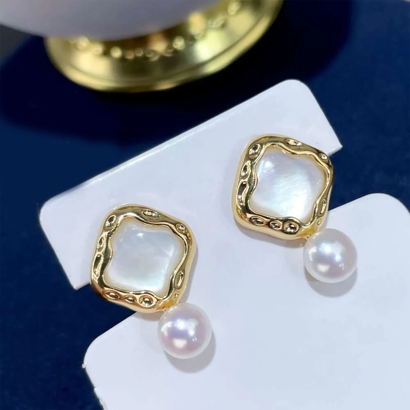TikTok Natural Freshwater Mother-of-Pearl Jewelry High-End Simple Elegant Earrings Versatile Women's S Sier Needle Ear Studs