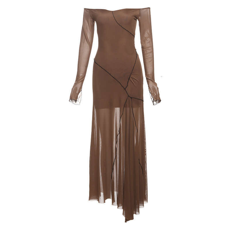 2025 Spring New Women's Solid Color Slim High Waist Fashion Off-Shoulder Long Sleeve Dress e79